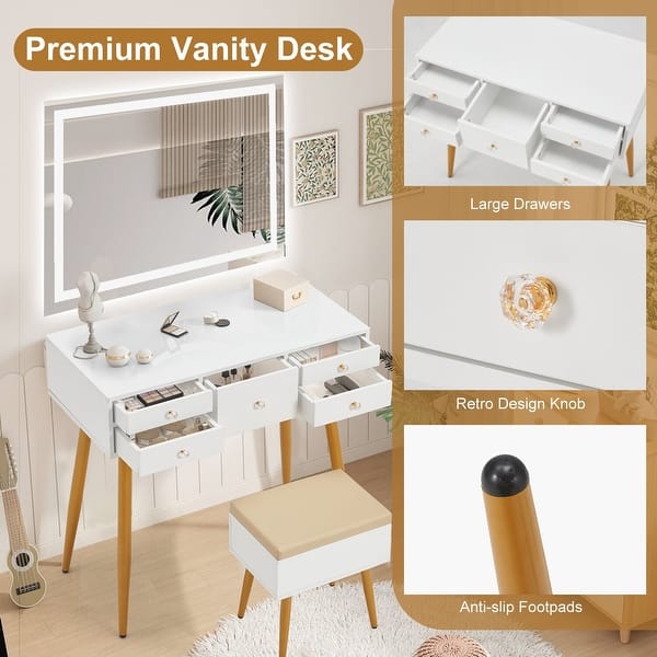 White & Gold Vanity Set with Storage Stool, 5-Drawer Makeup Table & LED  Mirror, Small Vanity for Bedroom or Living Room - Bed Bath & Beyond -  42261144