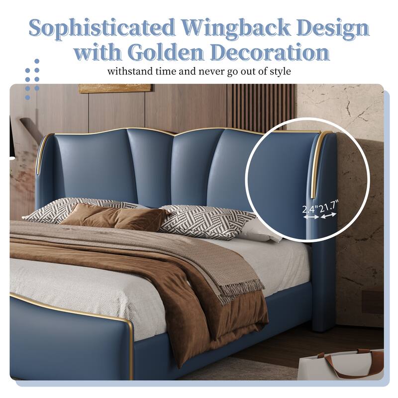 PU Leather Upholstered Bed Wingback Bed, Platform Bed Frame with Wave-Shaped Headboard & Footboard