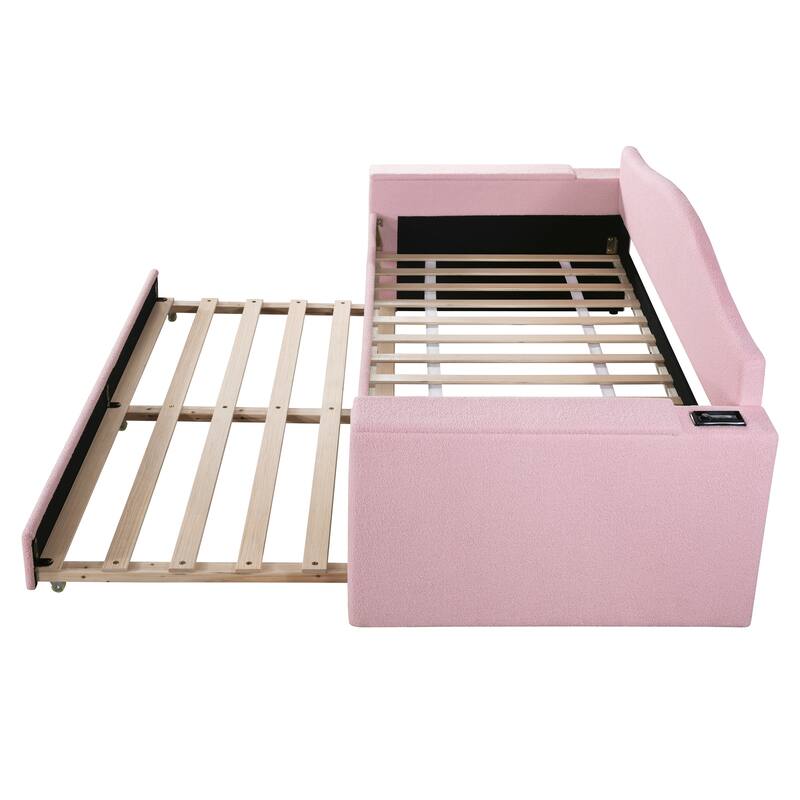 Upholstered Daybed with Storage Armrests,Trundle and Latest Integrated Bluetooth Audio System