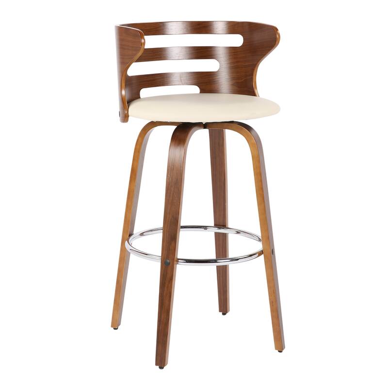 Carson Carrington Cranagh 30" Fixed-Height Bar Stool with Bent Wood Legs & Round Footrest (Set of 2) - Cream Faux Leather/Walnut/Chrome
