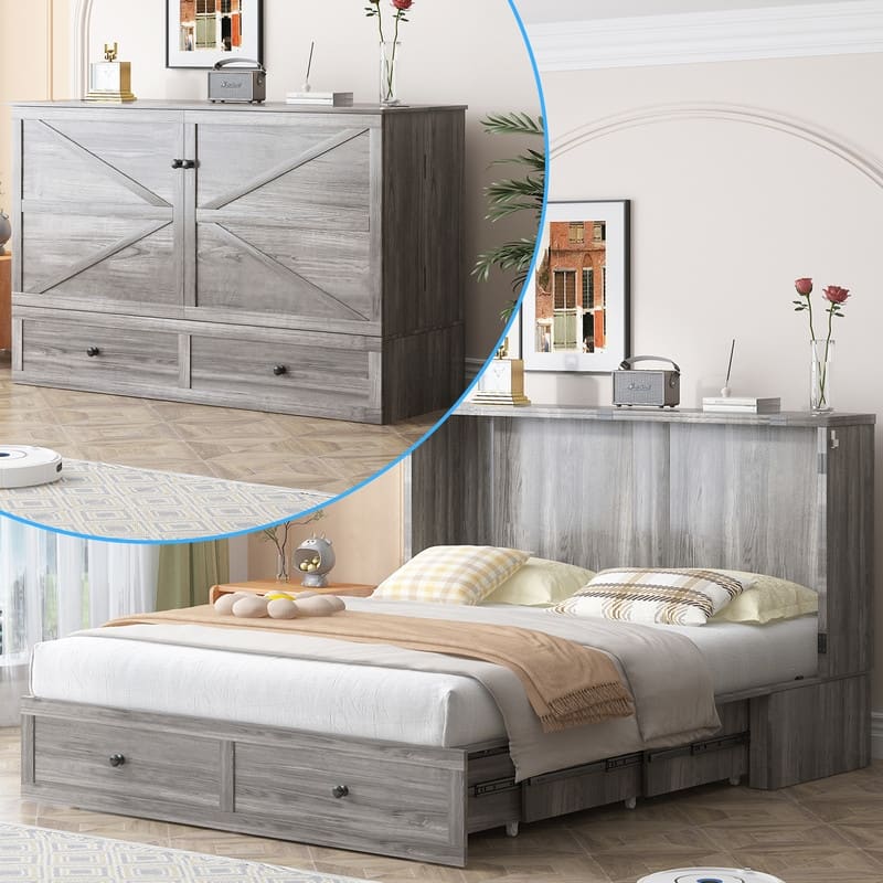 Mixoy Modern Full/Queen Size Murphy Bed Chest with Mattress and Storage - Grey - Queen