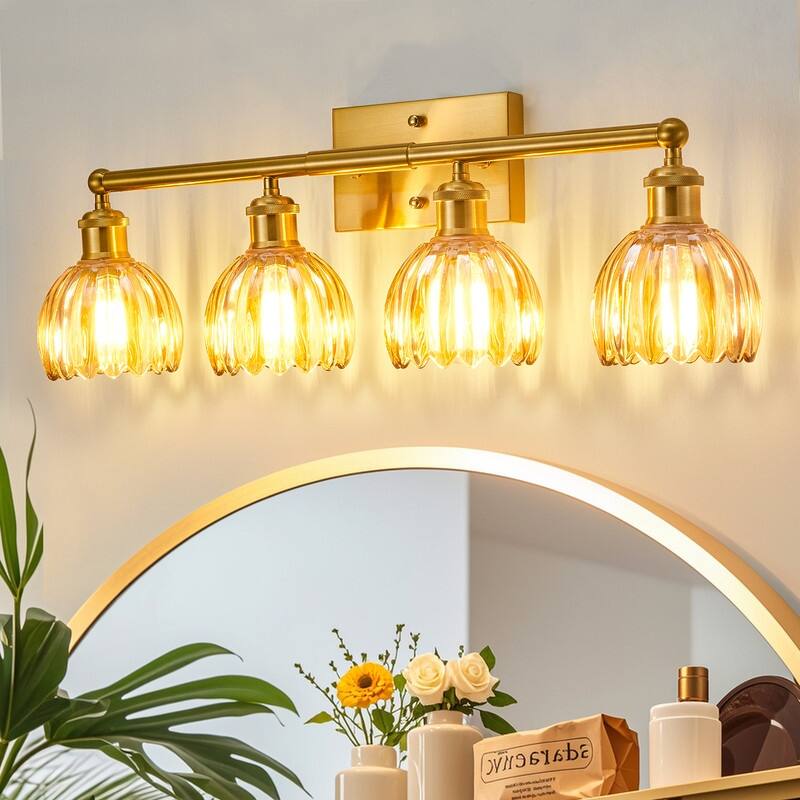 Modern Vintage Bathroom Vanity Light - Patterned Glass Shade E26 Bulb Base - 4-Lights - Gold