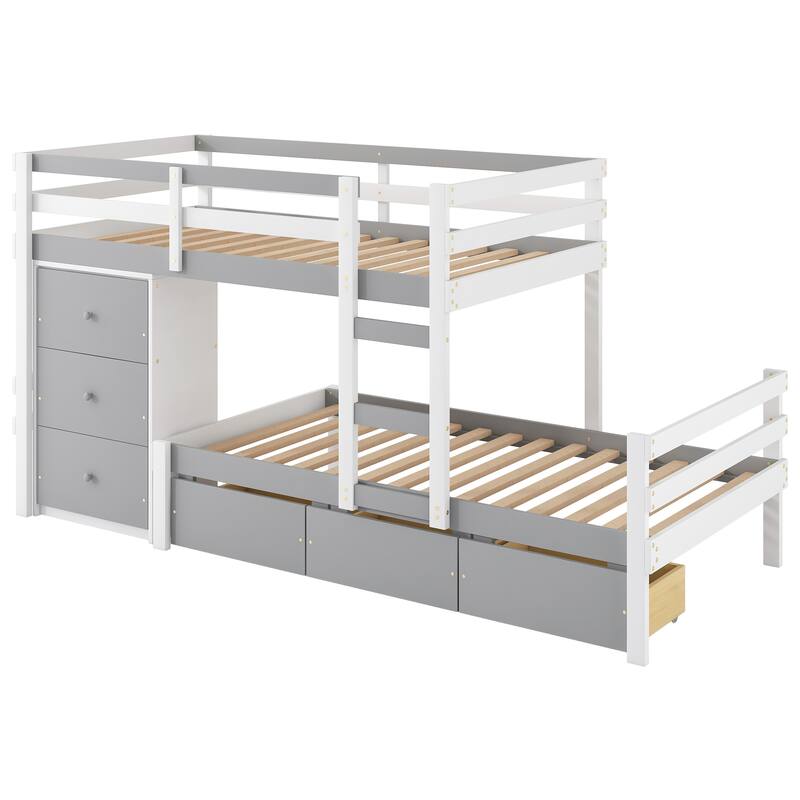 Grey Twin over Twin Bunk Bed with Storage Drawers
