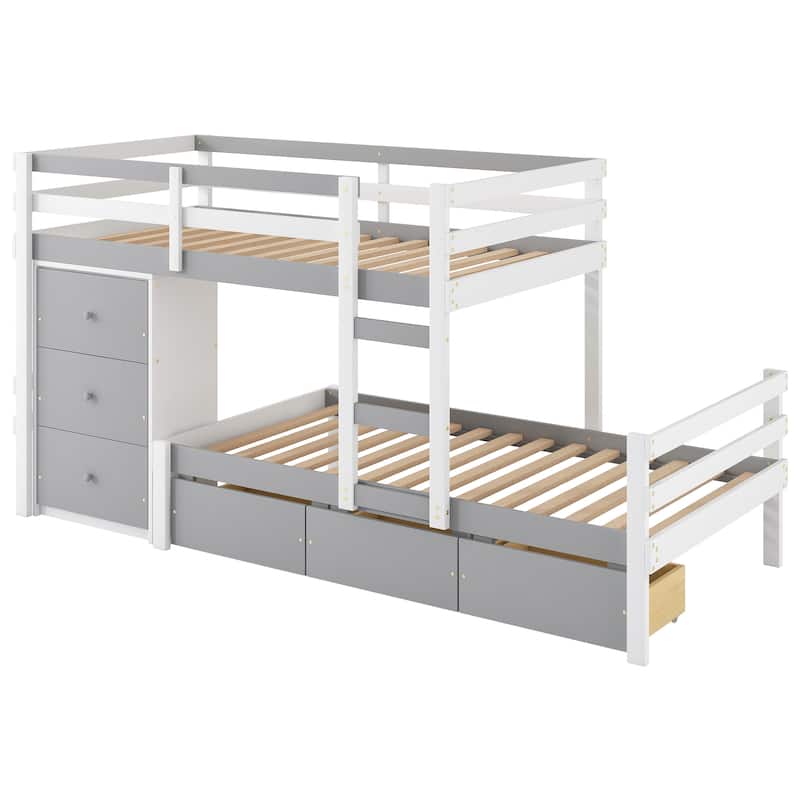 Twin over Twin Pine Wood Loft Bunk Bed with Drawers and Ladder