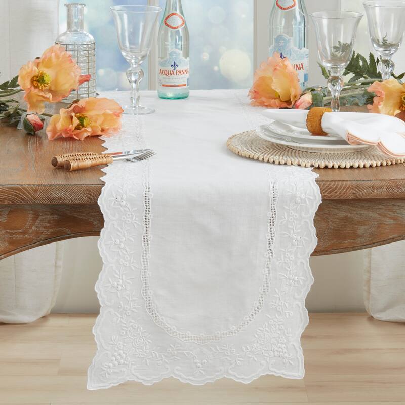 Embroidered Linen Blend Table Runner - Decorative Non-Reversible Table Runner for Dining Table