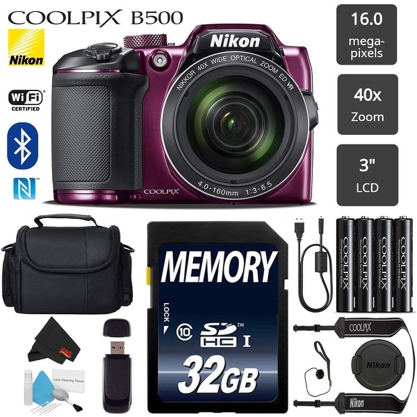 Shop Nikon COOLPIX B500 Digital Camera Plum 16MP, WiFi  Bluetooth + Camera Case + Card Reader 