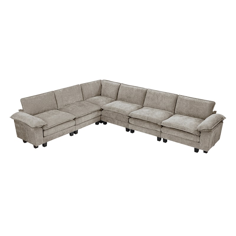 Terra Chenille 6-Piece Modular Sectional Sofa - Wood Finish Feet - Dark Pewter