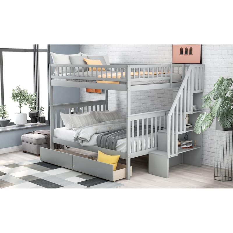 Full Over Full Wood Bunk Bed with Drawers and Storage Staircase