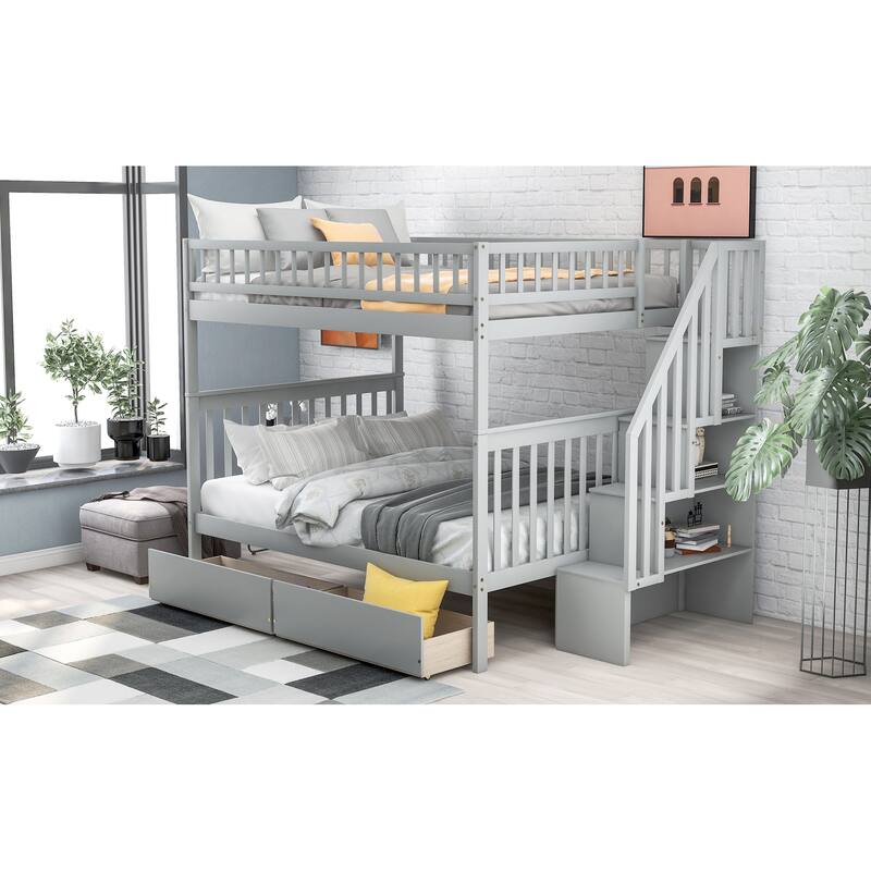 Full over Full Bunk Bed with Drawers and Storage, Gray