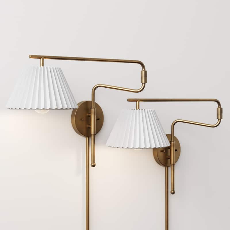 Kai Wall Mounted Plugin Bedside Reading Lamp with Empire Shade - Vintaged Brass/Linen Set of 2