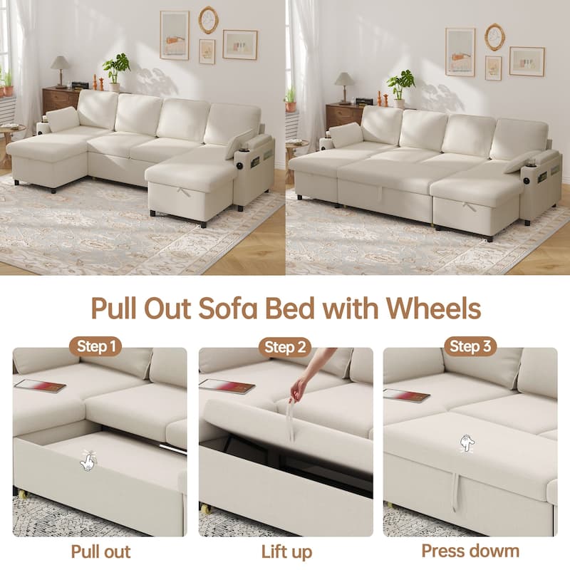 Convertible Sleeper Sofa 3-in-1 Pull Out Sectional Sofa Bed L/U-Shaped Couch with Storage Chaise