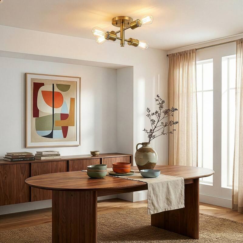 Raleni Retro 4-Light Semi-Flush Mount Ceiling Fixture - Gold Brass