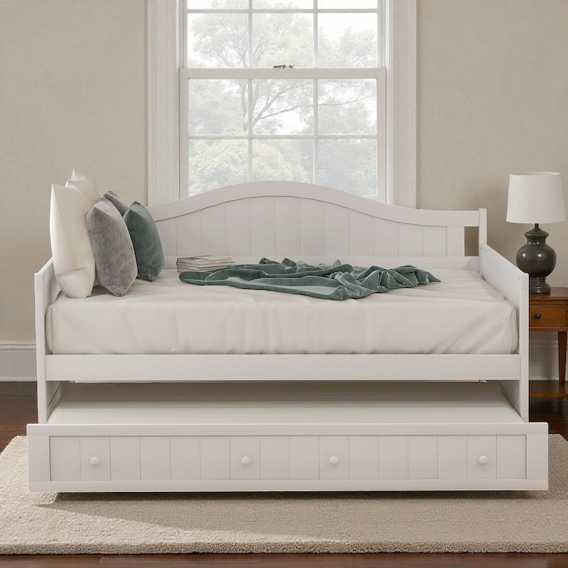 Twin Wooden Daybed with Pull-Out Trundle, Solid Wood Sofa Bed for Bedroom or Living Room, Cottage Style Design