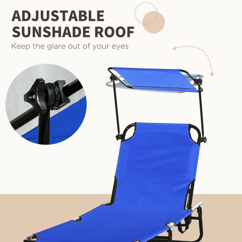 Outsunny Folding Chaise Lounge Pool Chairs with Canopy Shade, Reclining Back, Steel Frame and Side Pocket, 2 Piece