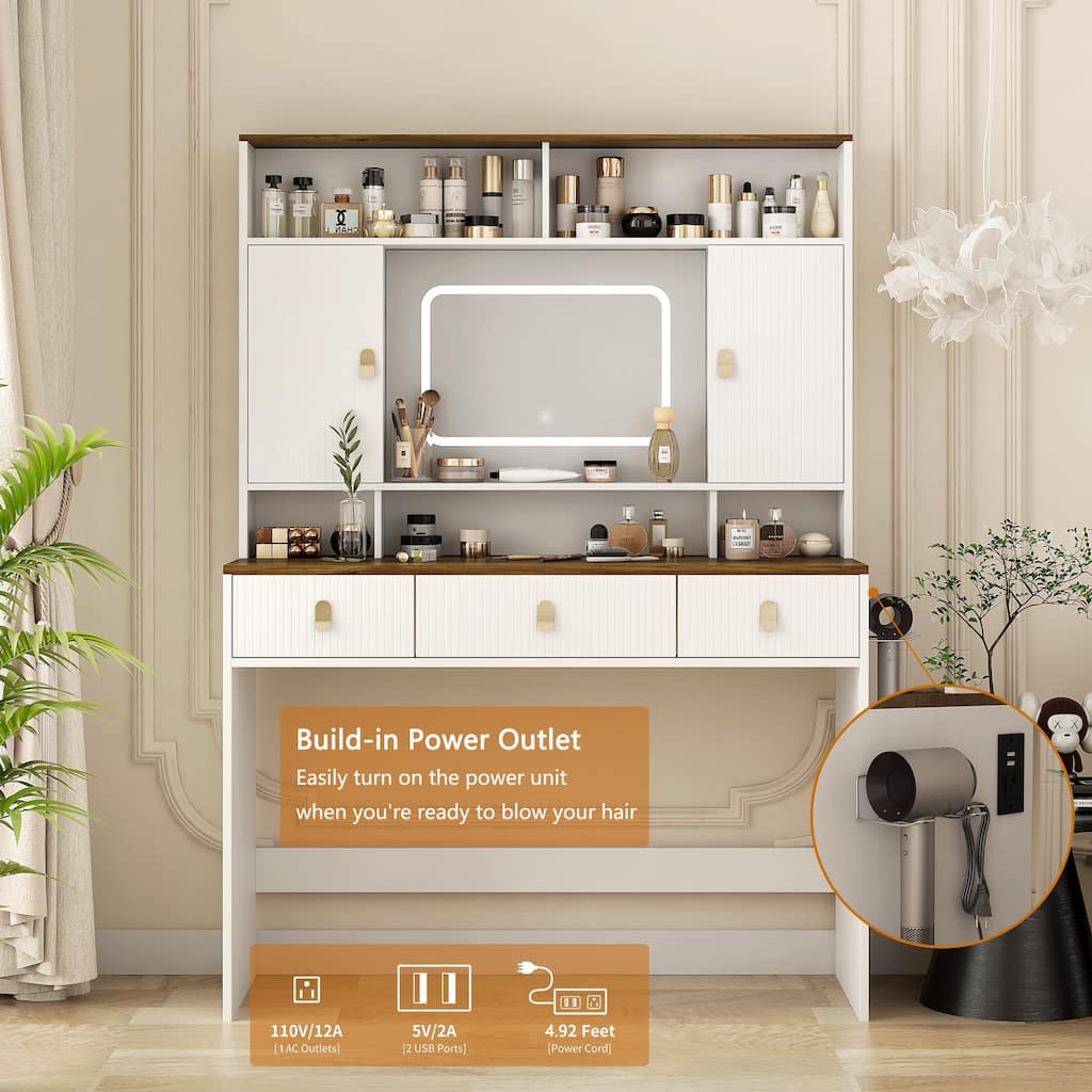 Farmhouse Vanity Desk with Makeup Mirror, Touch Light and Drawers, White Make-up Vanity Dressing Table with Charging Station
