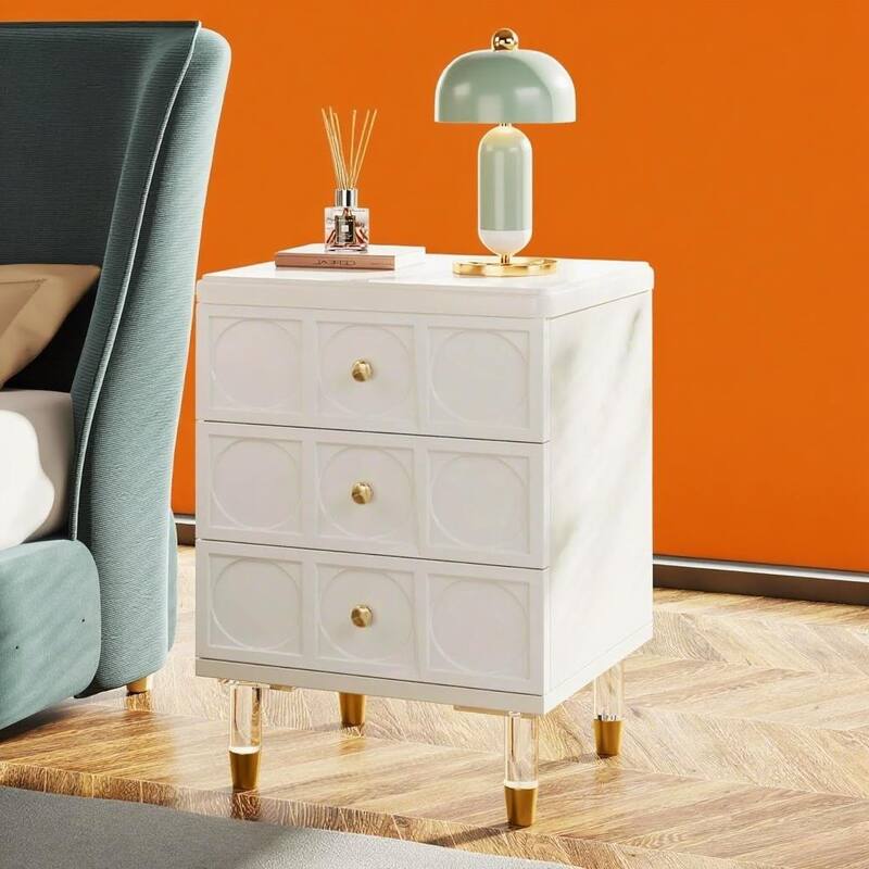 White Wood Nightstand with Gold Handles Acrylic Legs and 3 Drawers