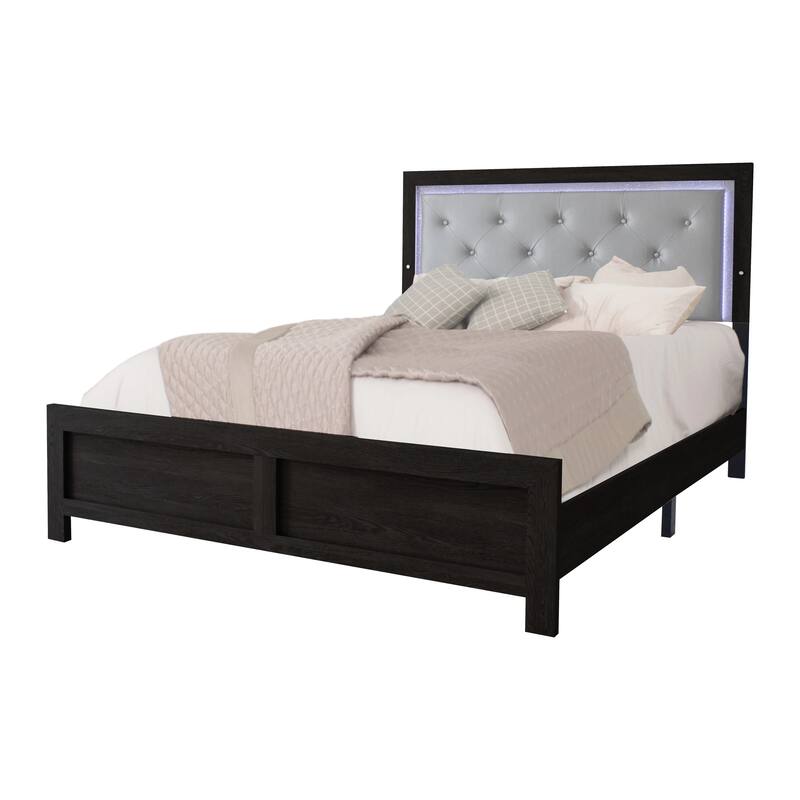 1pc Modern Queen Panel Bed with Headboard Lighting Black Finish Faux Leather Gray Upholstery Button Tufted