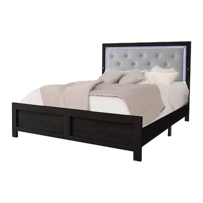 Queen Size Faux Leather Panel Bed with LED Headboard and Button Tufting