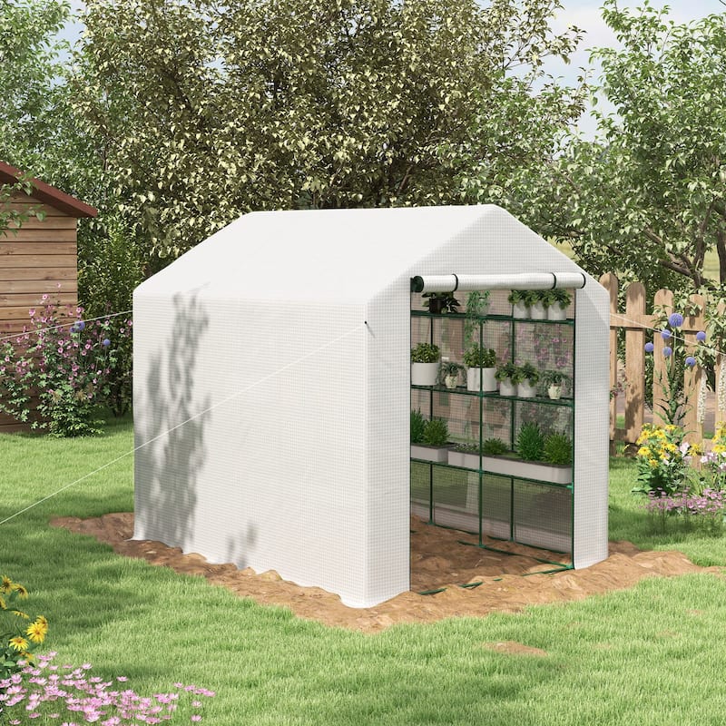 Outsunny Walk-in Greenhouse for Outdoors with Roll-up Zipper Door - White