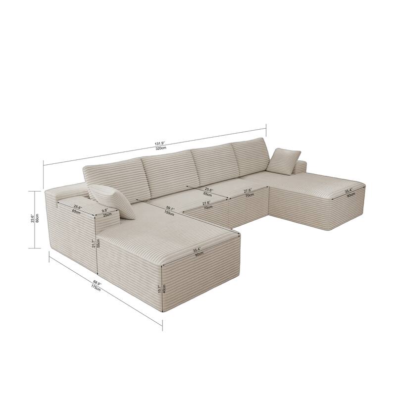 Roomfitters 131.9" Modular Sectional Sofa, 4-Piece Compressed Cloud Couch, No Assembly Required, Plush Corduroy, White