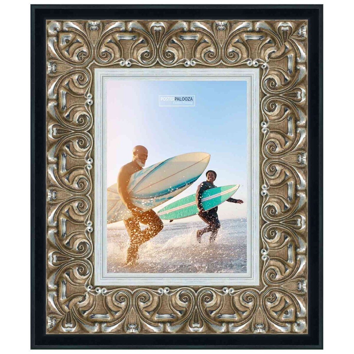 30x20 Frame Silver Ornate Antique Solid Wood Picture Frame - UV Acrylic, Foam Board Backing, & Hanging Hardware Included