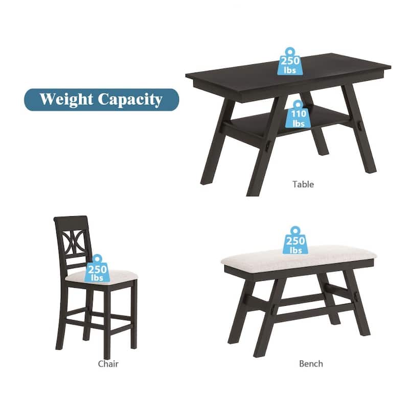 6-Piece Wood Counter Height Dining Table Set with Storage Shelf