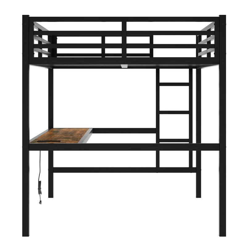 Metal Loft Bed with USB and LED Lights, Desk, and Power Outlet