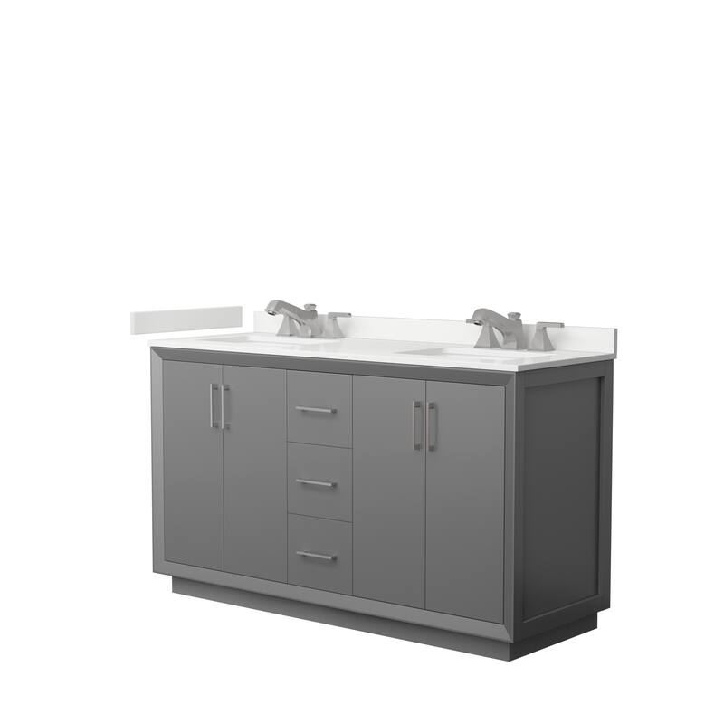 Strada 60-inch Double Vanity, Quartz Top - Dark Gray, Nickel Trim, White Quartz Top