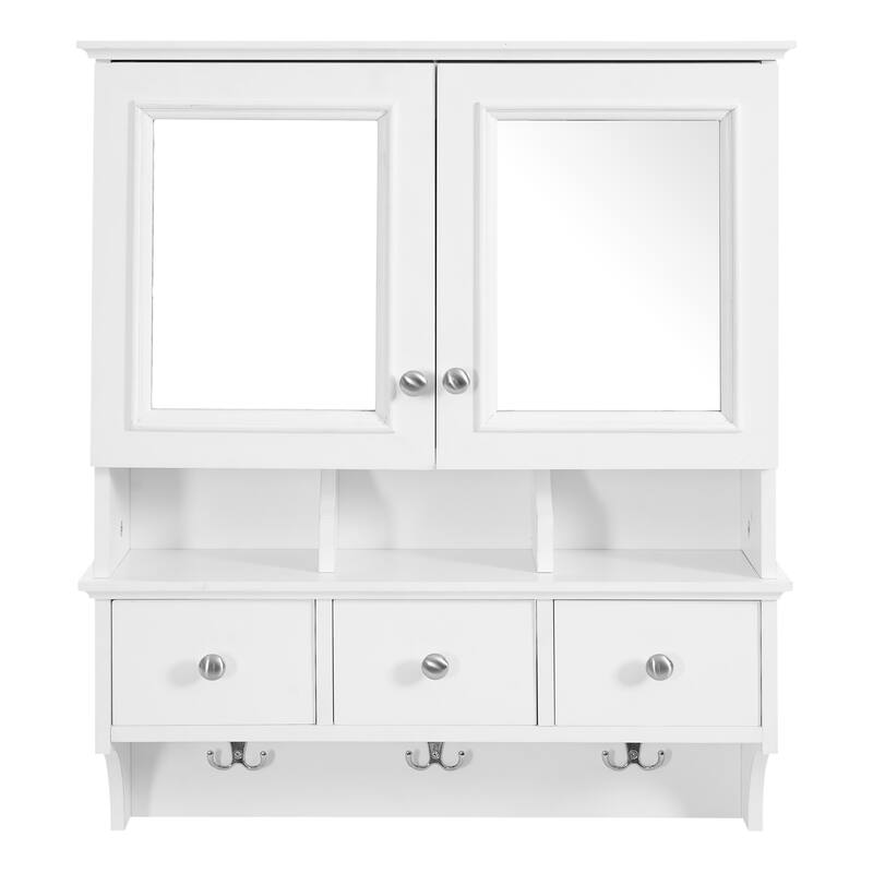 Anmytek 24 Inch 4 in 1 Bathroom Mirror Cabinet Wall Mounted Medicine Cabinet with Drawers and Organizer Hooks
