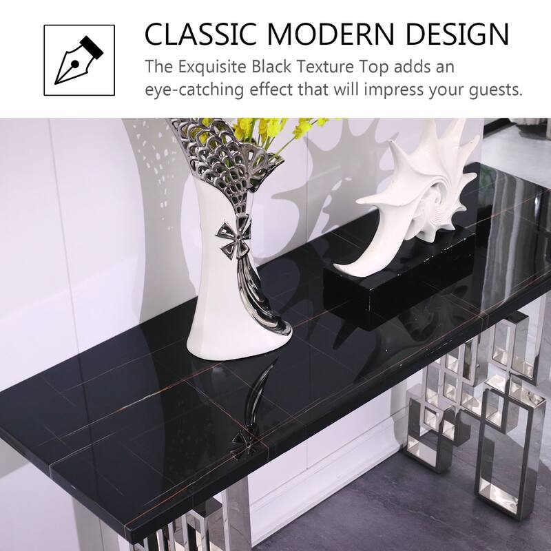 Modern Console Table 55 inch Sofa Table with High Gloss Top and Mirrored Metal Base for Entryway Living Room