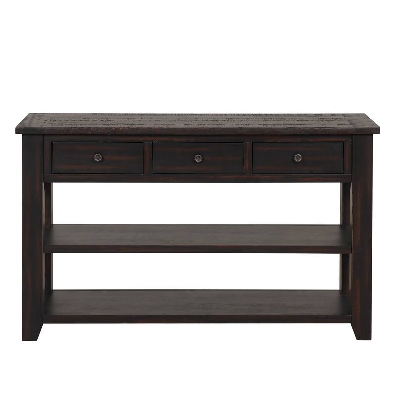 48" Solid Pine Wood Top Console Table, Modern Entryway Sofa Side Table with 3 Storage Drawers and 2 Shelves