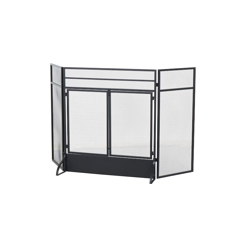 Metal Geometric 3 Panel and 2 Door Fireplace Screen with Mesh Backing - Black - Roche River Decor - 19"W x 27"L x 30"H