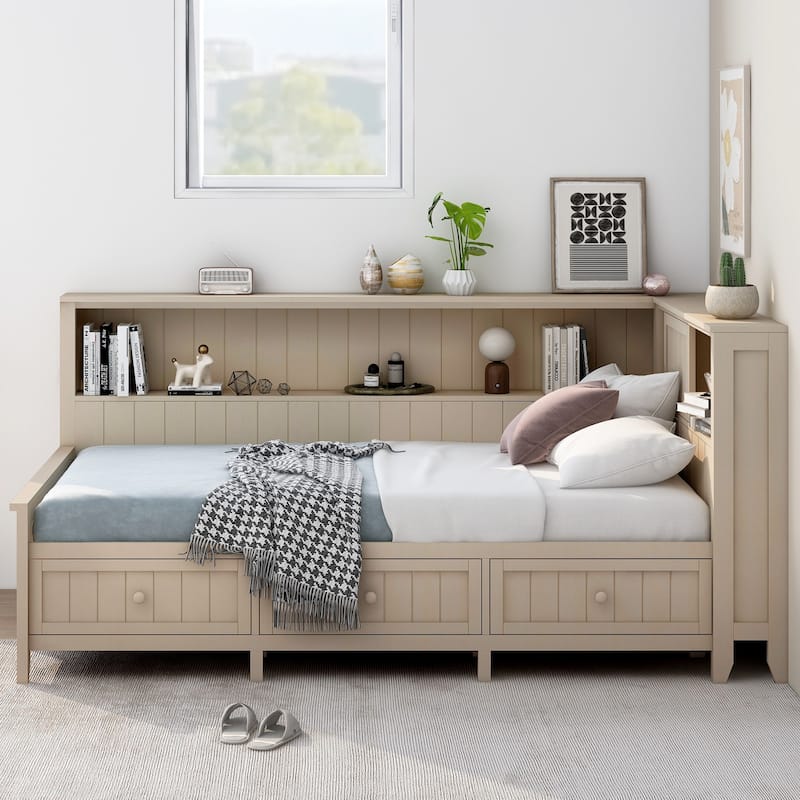 Antique Twin Daybed with 3 Drawers & Storage Shelves (220lb Capacity)