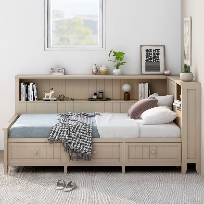 Roomfitters Twin/Full Wood Daybed with Storage Shelves and Multi-Use Underbed Compartments, Cream