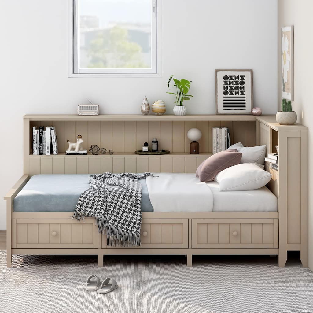 Twin Size Wood Antique White Daybed with Storage Shelves and 3 Drawers