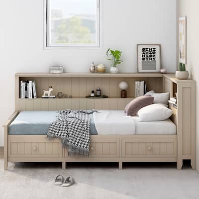 Twin Size Wood Daybed with 3 Drawers and Storage Shelves Antique White Milk Farmhouse Style