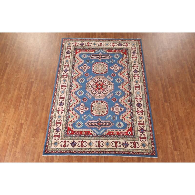 Blue Geometric Kazak Area Rug Handmade Oriental Wool Carpet - 6'8" x 9'9"