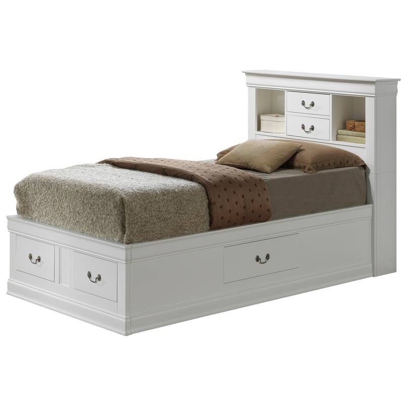 Art Nouveau White Twin Storage Bed - 6 Drawer Platform Bed with Headboard & Side Rail Storage