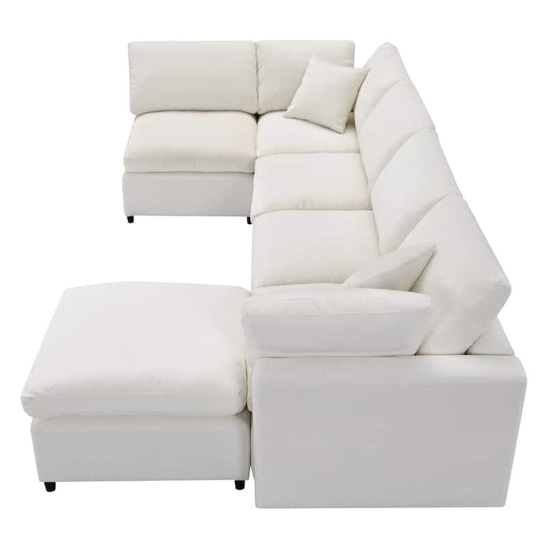 Beige 130" Chenille Cloud Upholstered Modular U-Shaped Sleeper Sectional Sofa, 6-Piece Free Combination with Removable Ottoman