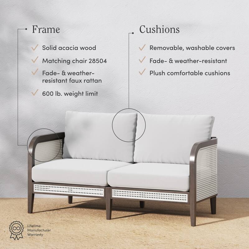 Twila Bohemian Outdoor Upholstered Rattan Patio Seating with Solid Wood Frame