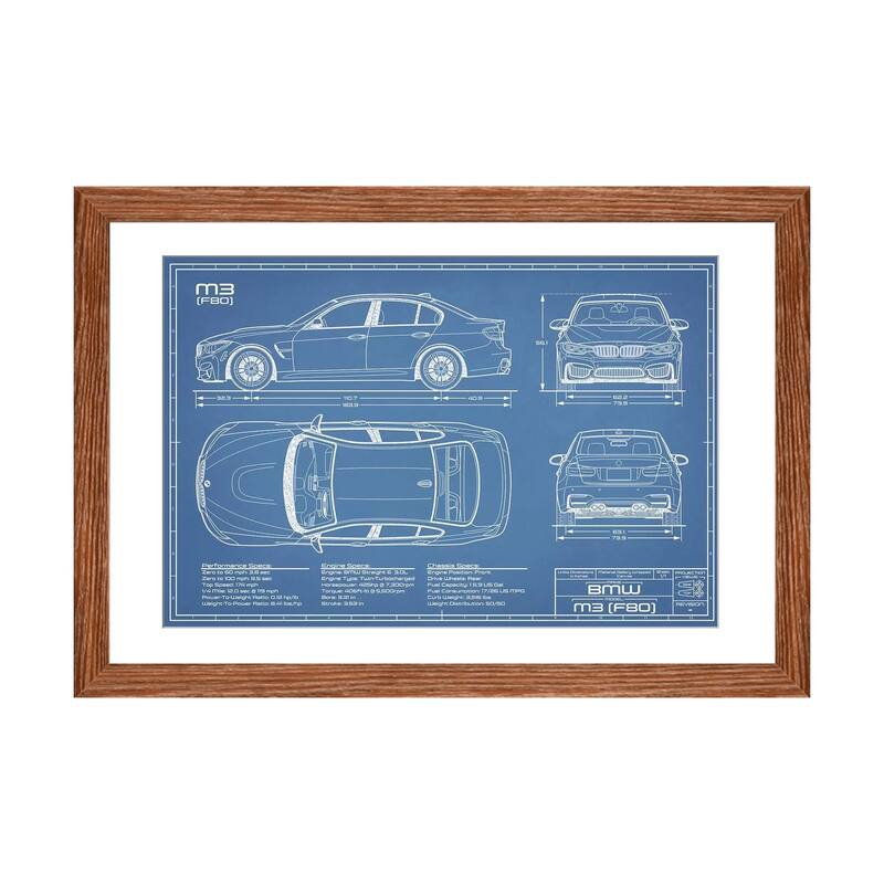 iCanvas "BMW M3 (F80) Blueprint" by Action Blueprints - Walnut - 16x24x1