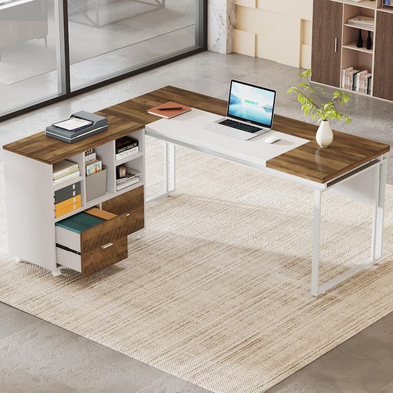 63" L-Shaped Executive Desk Reversible File Cabinet Combo, Office Computer Desk Set with Storage Drawers