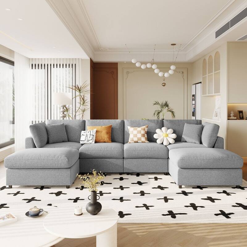 U-Shaped 6-Piece Sectional Sofa with Movable Ottomans Modular Design Soft Chenille Fabric for Versatile Seating - Grey