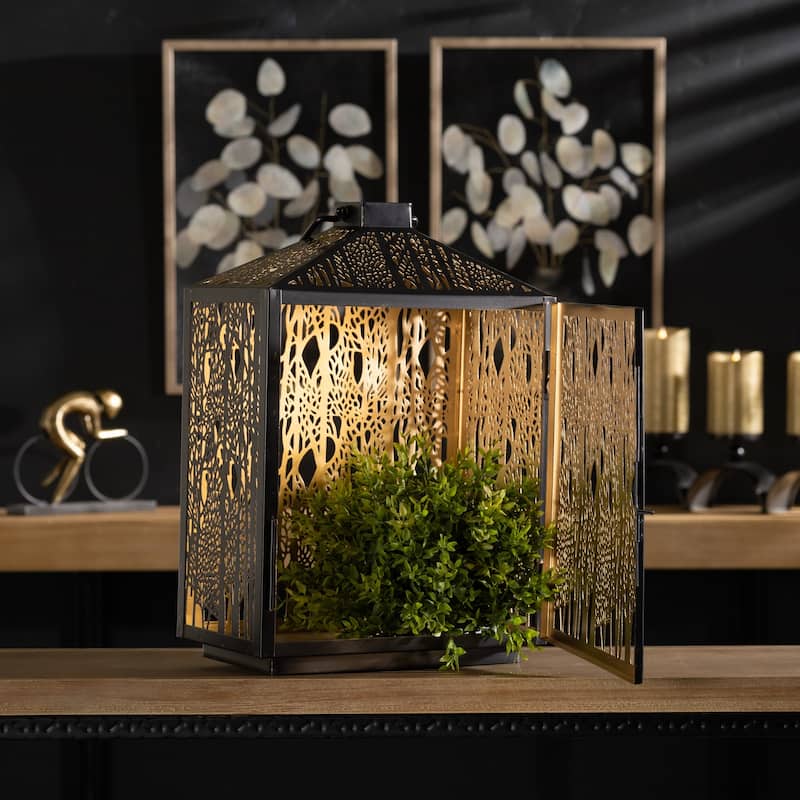 Forest Cut Metal Lantern with Gold Accent 16"H