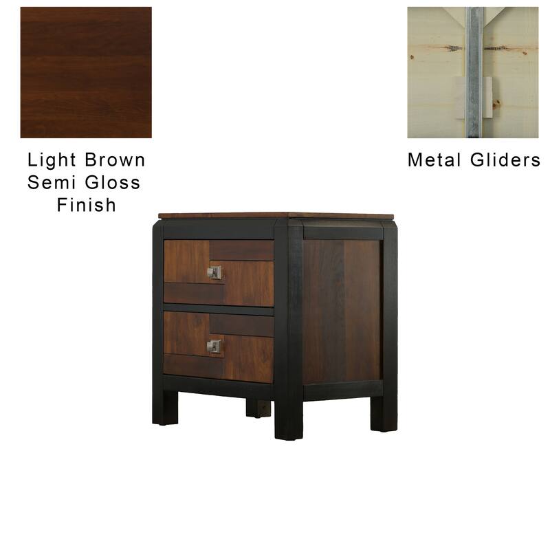 28 Inch Handcrafted Bedside Nightstand, 2 Drawers, Sleek Wood Pattern, Square Knobs, Walnut Brown