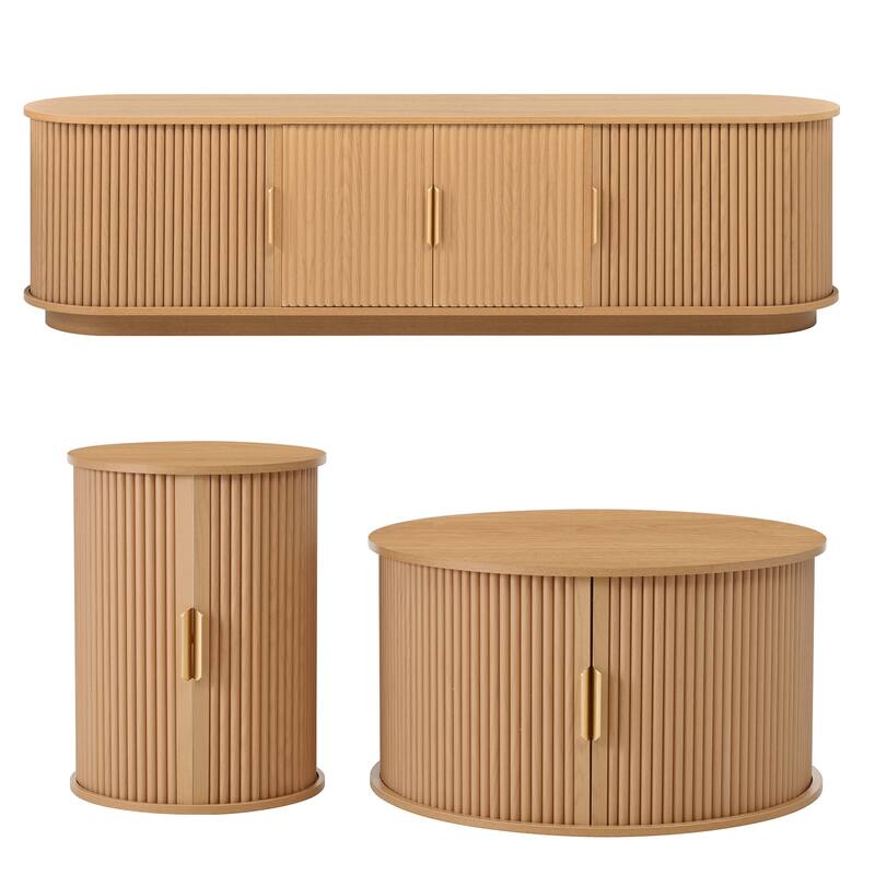 Fluted Sliding Door TV Stand & Coffee Table Set, Wooden Media Cabinet TV Console for TVs up to 75", 3-Piece Living Room Set