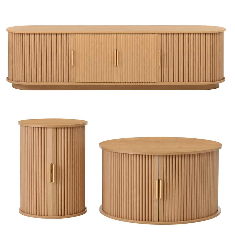 Roomfitters Wooden TV Stand & Coffee Table Set with Fluted Sliding Doors, Golden Handles & Cable Hole for TVs up to 75"