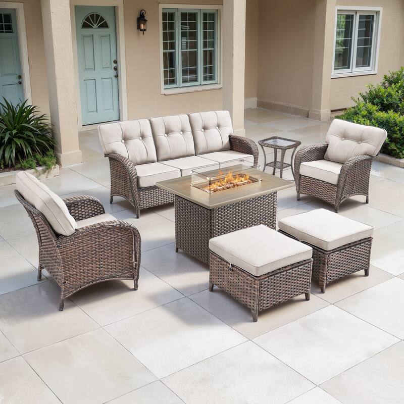 TWrap 7-Piece Wicker Patio Fire Pit Conversation Set with 3-Seat Sofa & Armchairs
