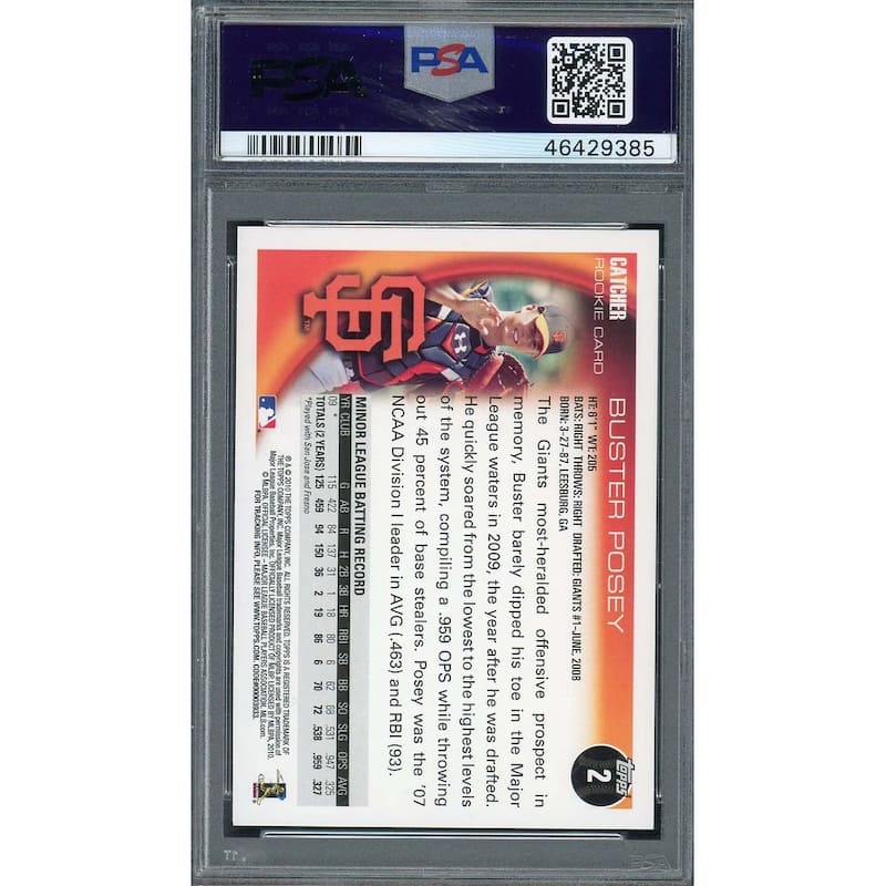 Buster Posey 2010 Topps Baseball Rookie Card RC #2 Graded PSA 9 - 8'6" x 11'6"