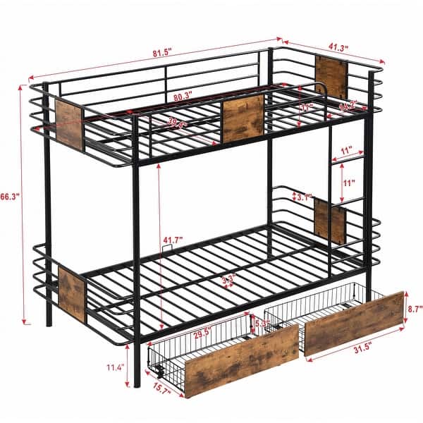 Twin XL over Twin XL Bunk Bed with Board Guardrail and 2-Storage Drawers, Black